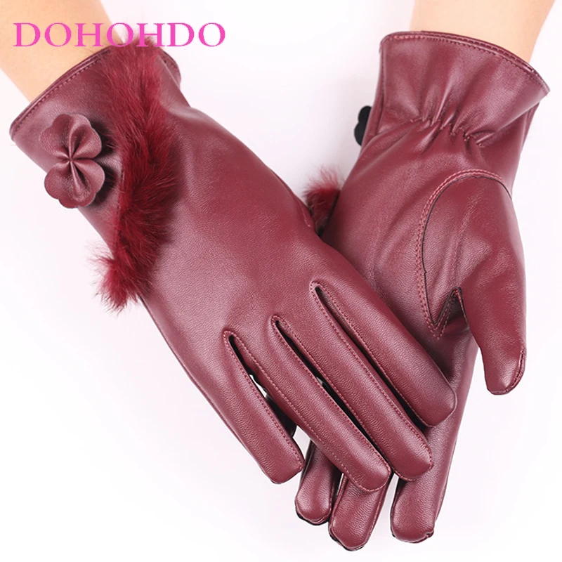 

Touch-screen Women Leather Gloves Rabbit Fur Design Autumn And Winter Plus Velvet Ladies Windproof Warm Bow Gloves Guantes Moto