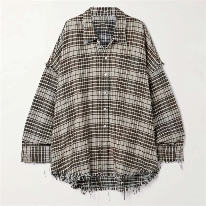 قميص نسائي جديد لخريف 2025 بلوزة نسائية من القطن بأكمام طويلة وشرابة مغسولة وصدر واحد بلوزة نسائية منقوشة y2k