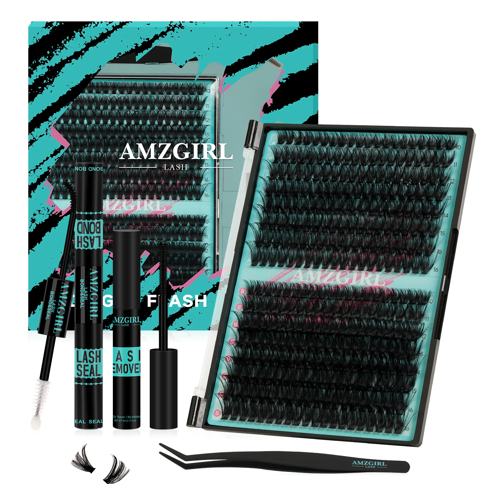 AMZGIRL LASH 320pcs DIY Eyelash Extension Kit Cluster Lashes 70D+90D D Curl 8-16mm Waterproof Bond and Seal with Remover Tweezer