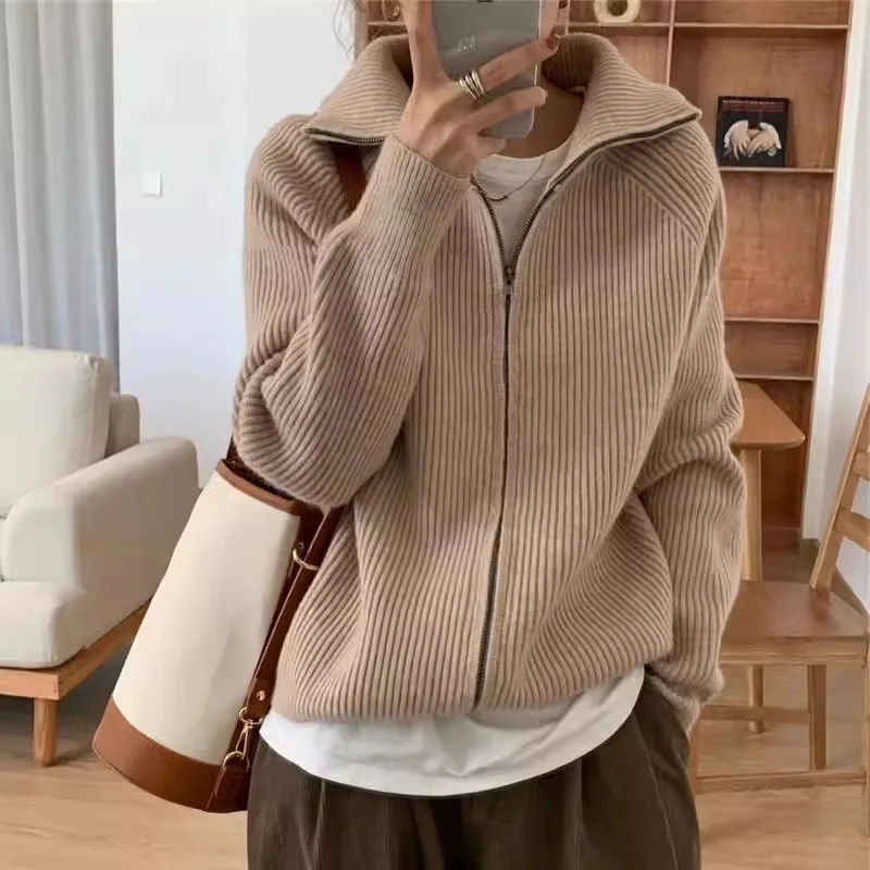 Thickened Knitted Cardigan Korean Instagram Zipper Sweater Flip Neck Sweater for Women Autumn and Winter Lazy Style Solid Color