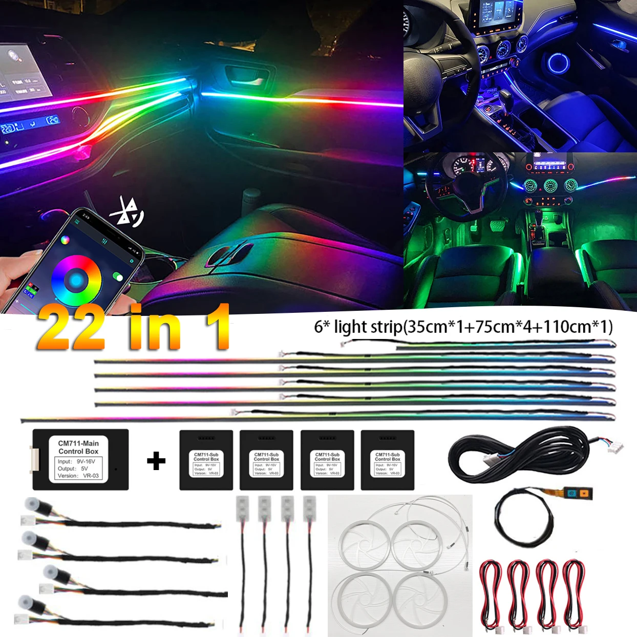 

22 IN 1 Universal Car Interior Ambient Light Strip RGB LED Symphony Atmosphere Light Dashboard Door Decoration with App Control