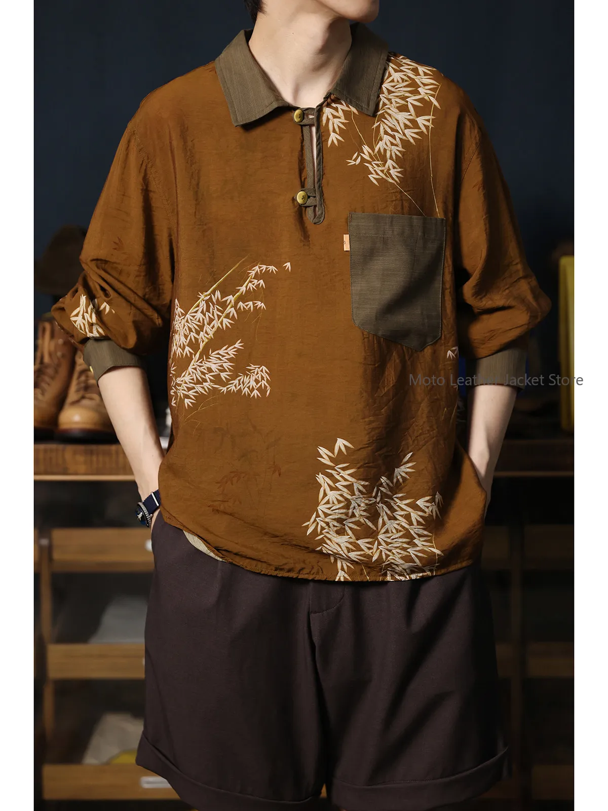 Secondorder SS24 Color Block Hawaiian Pullover Shirt Bamboo Leaf Pattern Long Sleeve Top