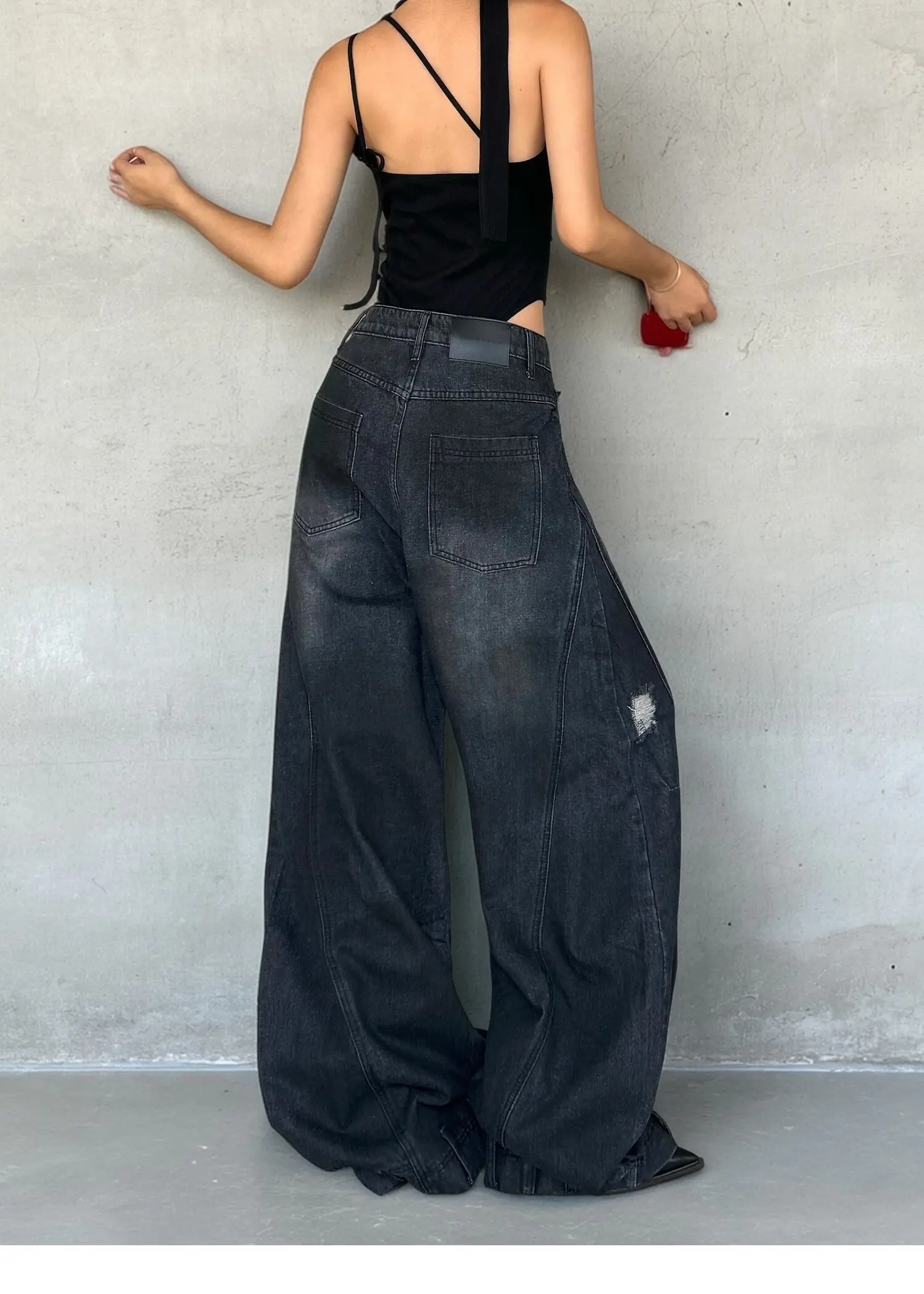 شيك موضة المرأة الجينز خمر الرجعية الحبر القذر عالية الخصر عادية واسعة الساق الدنيم السراويل ثقوب تصميم الإناث العصرية Harajuku