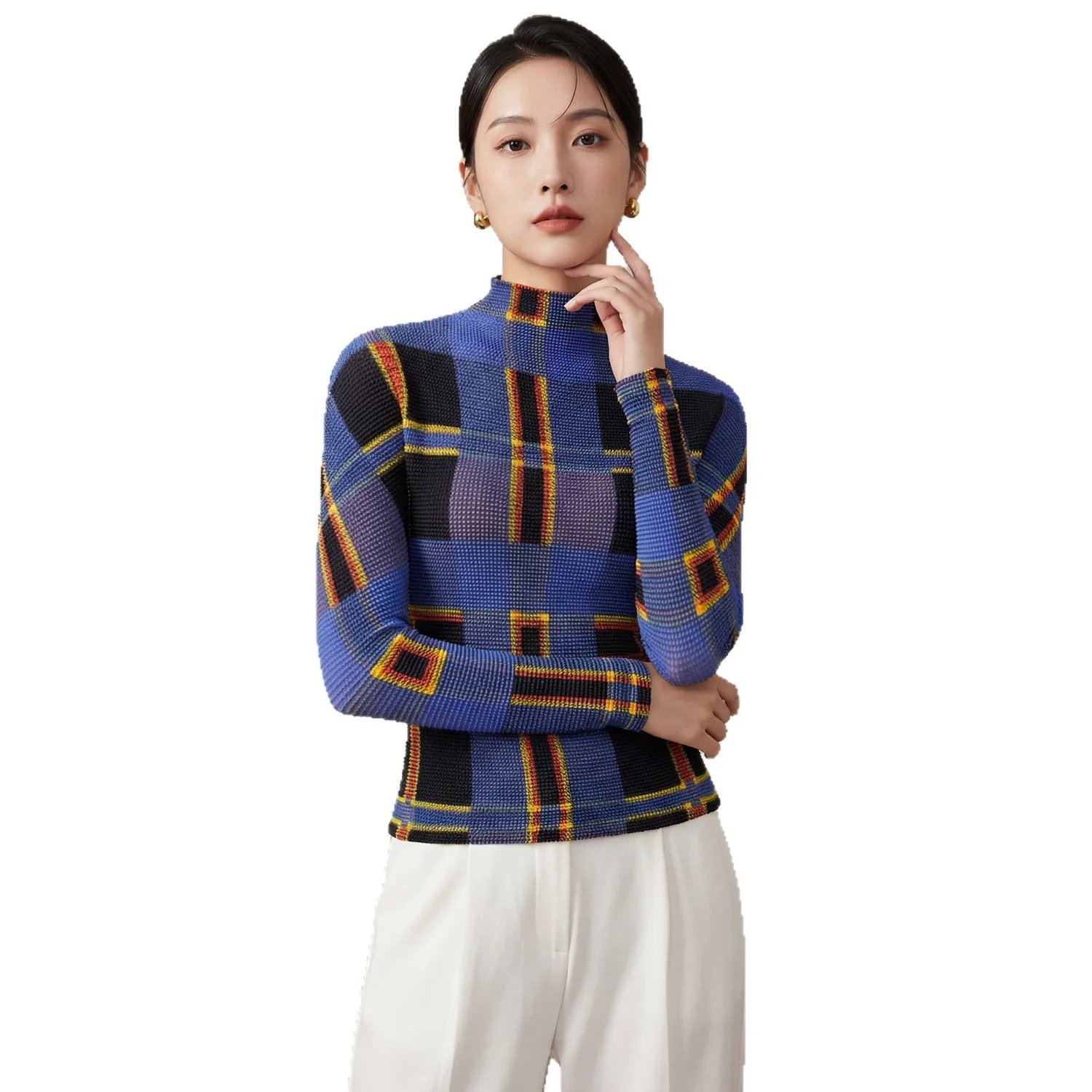 미야케 플리츠 2026 봄 가을 신상 긴팔 티셔츠 여성 이너웨어 프린트 패션 캐주얼 플리츠 탑