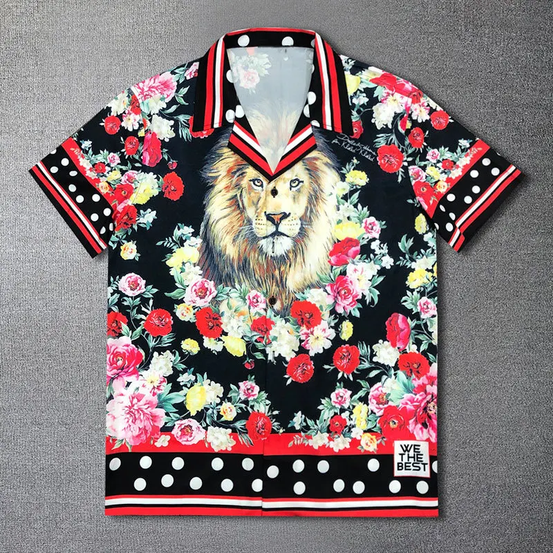 

2023European Lion Flower Print Shirt Streetwear Hip Hop Fashion Aloha Tropical Top Hawaiian Beach Shirts Camisa Floral Masculina