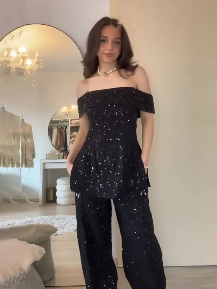 

HH Women Summer Chic Sequins Embroidery Decorate Sexy Backless Vest Type Top+Casual Loose Zipper Wide-Leg Pants 2 Piece Set