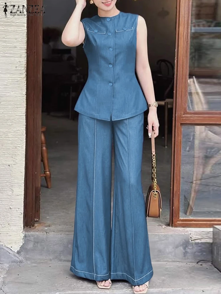 

ZANZEA 2025 Denim Pants Sets Women Elegant Outfits Buttons Sleeveless Tank Wide Leg Pants Casual Loose Matching Sets Oversized
