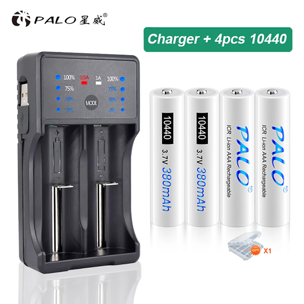 PALO 100% Capacity 3.7V 380mAh 10440 AAA 3A Lithium Rechargeable Battery 10440 Li-ion Batteries with Battery Charger For Camera