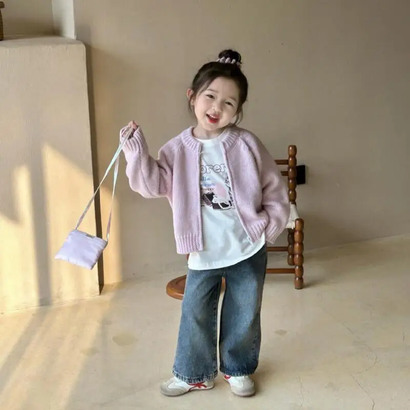 

Girls Spring Autumn Knitted Sweater Cardigan Loose Trousers Roung Neck Long Sleeve Suit Solid Tops jeans Trendy Children Clothes