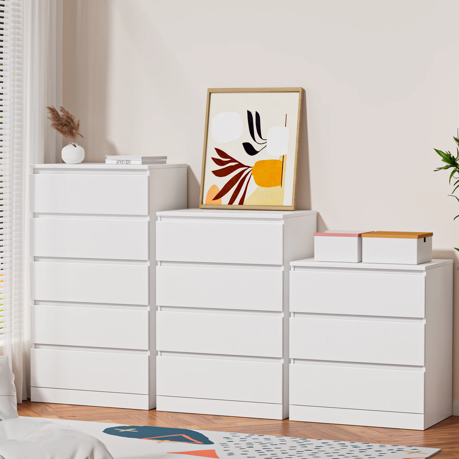 

3/4 Tiers Tall Dresser, White Dresser for Bedroom, Wood Closet Dressers, Chests of Drawers with Large Organizer, White