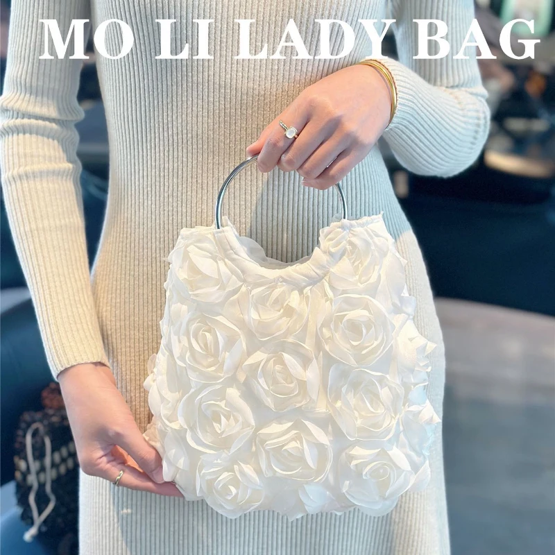 

Luxury Rose Floral Handbag For Evenings 3d Rose Floral Handbag With Metal Rings High-end Satin Elegant Wedding Women's Party Bag