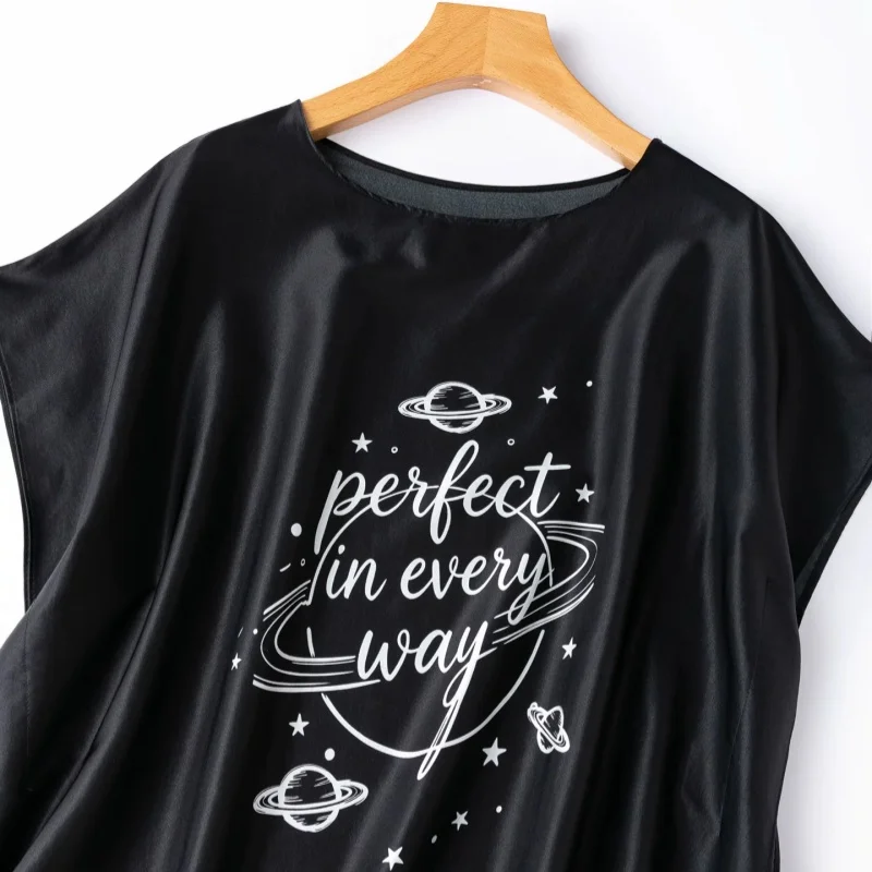 Birdtree, 93% Real Silk Print Tshirt, Batwing Sleeve Slash Neck Tops, Women Plain Satin Basics Shirt, 2026 Summer New T67328JF
