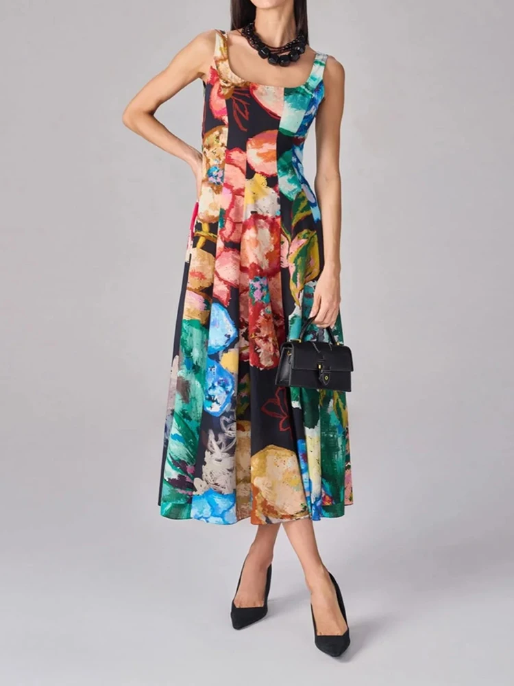 Vintage Casual Loose Boho Long Dress Mujer Women Abstract Floral Print Maxi Dress Sexy Square Neck Sleeveless A Line Party Dress