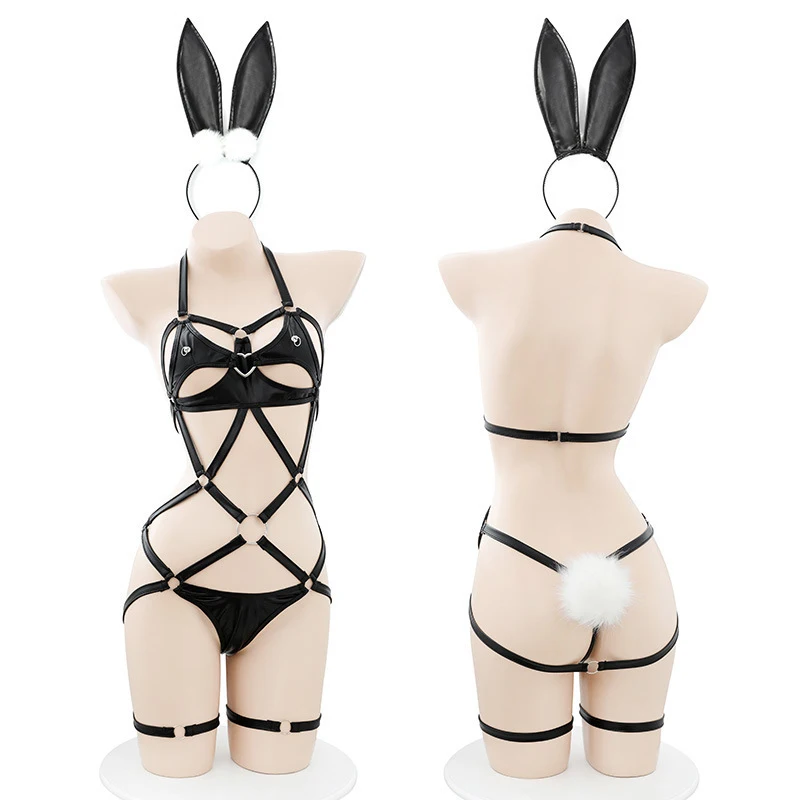 Sexy PU Leather Bondage Bunny Cosplay Costume Women Lingerie Body Cage Erotic Tempatation Hollow Full Body Harness Bodysuit