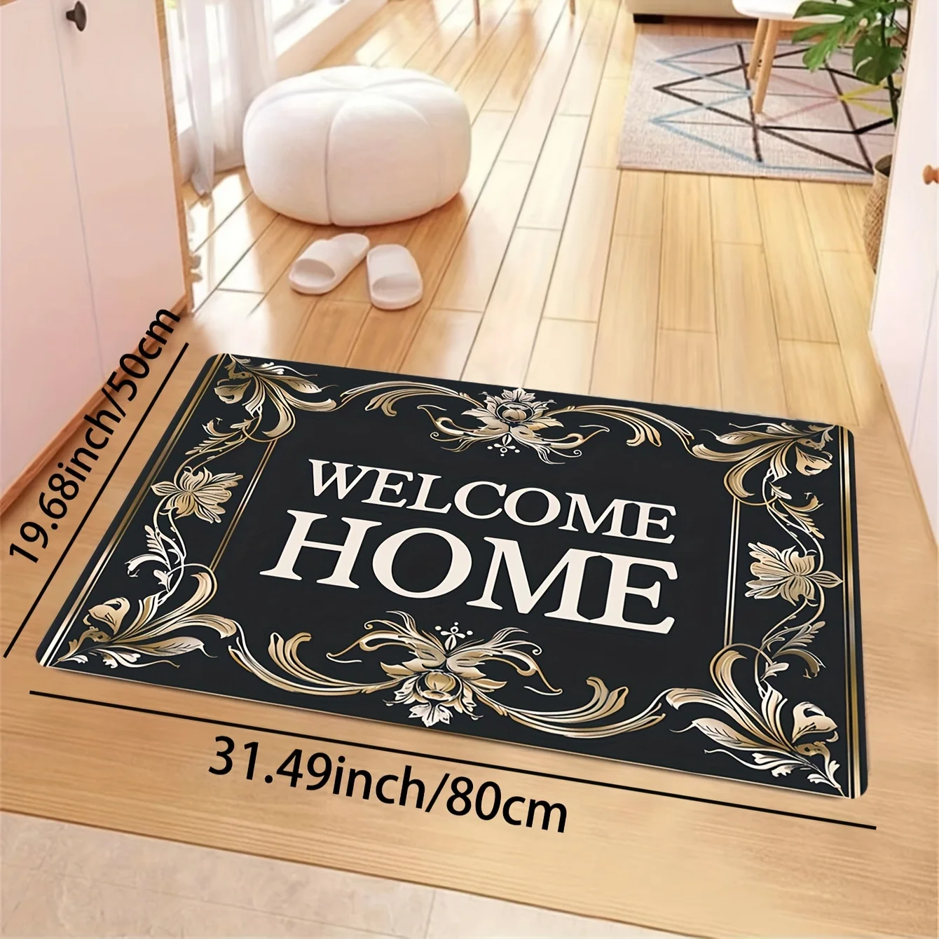 VIKAMA Welcome Home Doormat Black Gold Floral Border Non Slip Washable Front Door Rug Classic Luxury Indoor Home Porch Decor