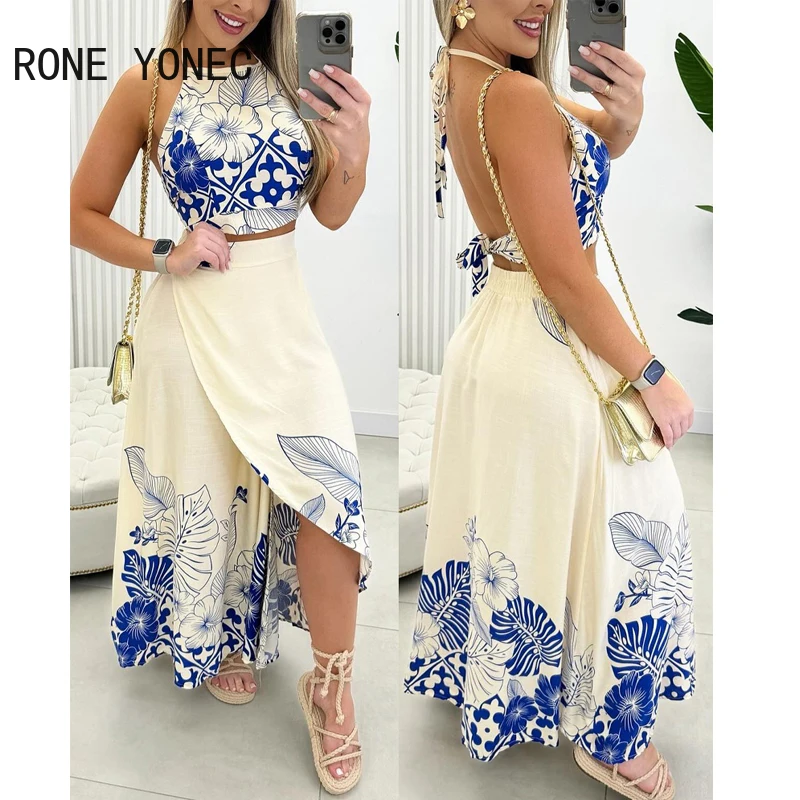 Women Allover Print Lace Up Halter Backless Crop Tops & Skirt Maxi Vacation High Silt Skirt Sets