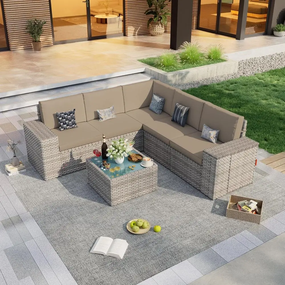 

6-Piece Outdoor Sectional Sofa Set with Wide Armrests, Wicker Seating for Patio, Balcony, or Garden with Coffee Table (Khaki Cus