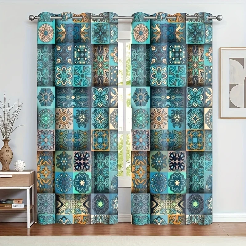 2pcs Boho Curtains Bohemian Hippie Art Theme Window Drapes With Mandala Animal Elephant Printed Pattern Curtain Room Decor