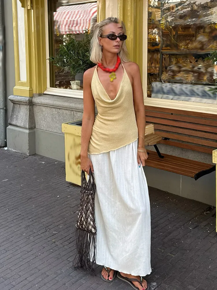 HH Damenmode, schlicht gespleißt ​ ​ Neckholder ärmelloses Kleid Damen Sommer elegantes schlankes sexy rückenfreies Party-Plisseekleid