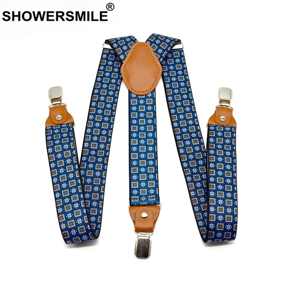 

SHOWERSMILE Suspenders Men for Pants Adjustable Casual Belts Leather 3 Clips Brace Stylish Print Male Suspender 120cm*3.5cm Wide