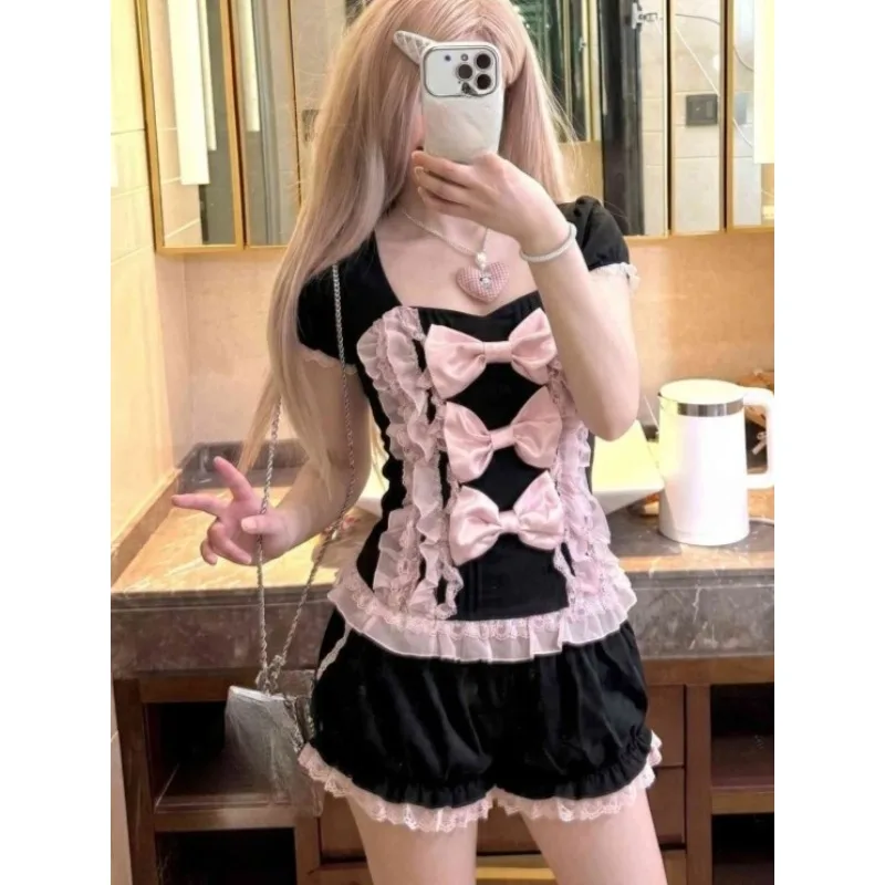 Japanese Vintage Outfits Summer Spicy Girl U-neck Short Sleeved Bow Top Sweet Waist Shorts Casual Y2k Subculture 2pcs Ropa Mujer