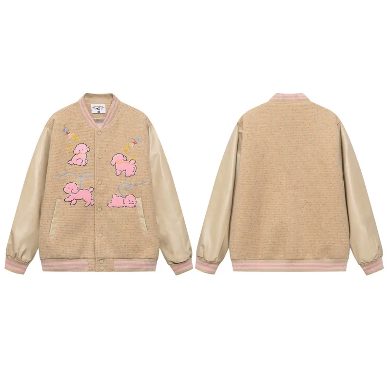 سترة فضفاضة غير رسمية متعددة الاستخدامات لخريف وشتاء 2025 للزوجين بتصميم كلاسيكي أمريكي لطيف على شكل كلب وردي مطرز بياقة واقفة