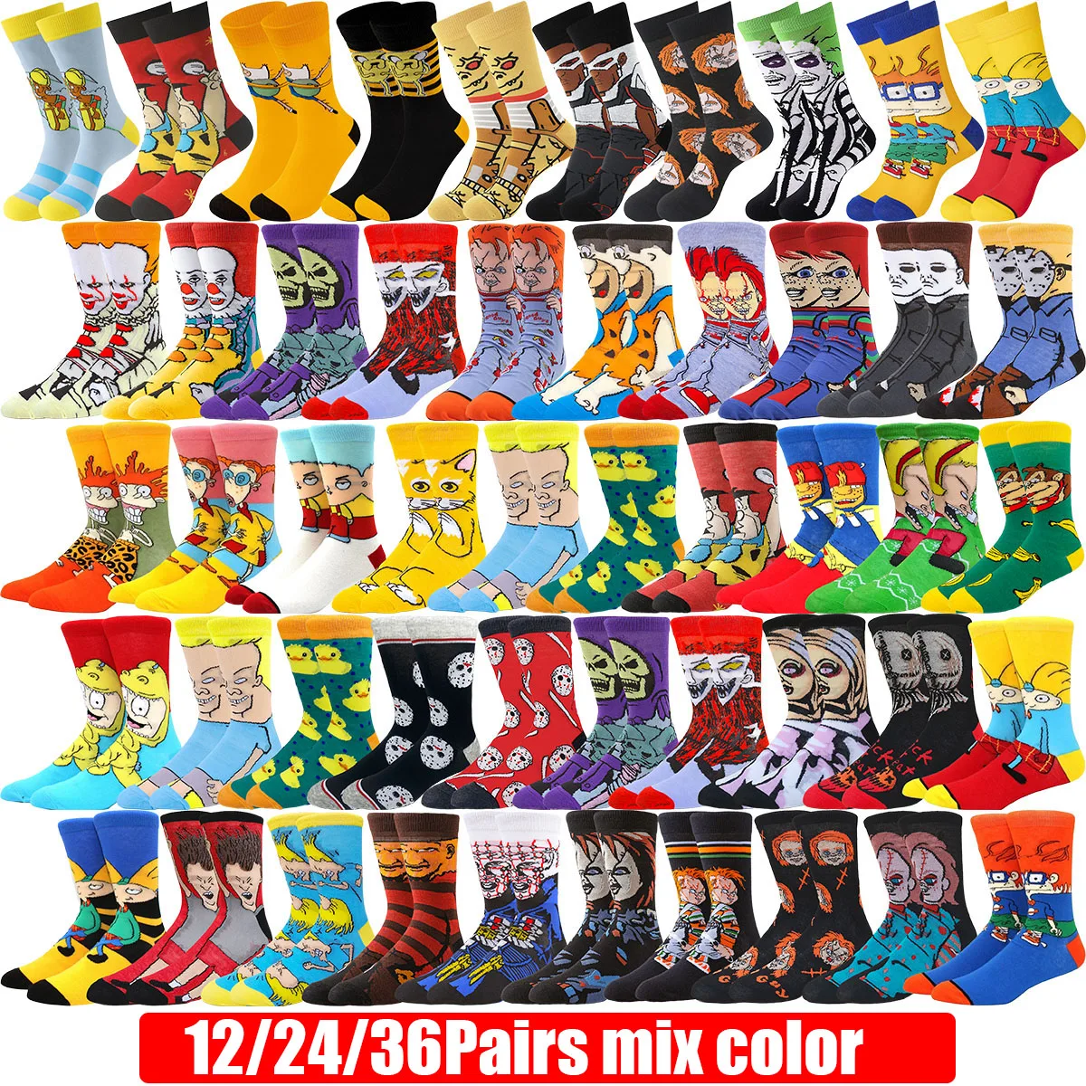 

12/24/36Pairs Cartoon Anime Socks Men Women Christmas Halloween Hip Hop Street Fashion Novelty Funny Casual Crew Socks