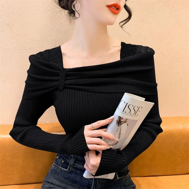 Spring Autumn Solid Color Square Collar Long Sleeve Fashion Sweater Women High Street Casual Slim Korean Style Flares Pullovers