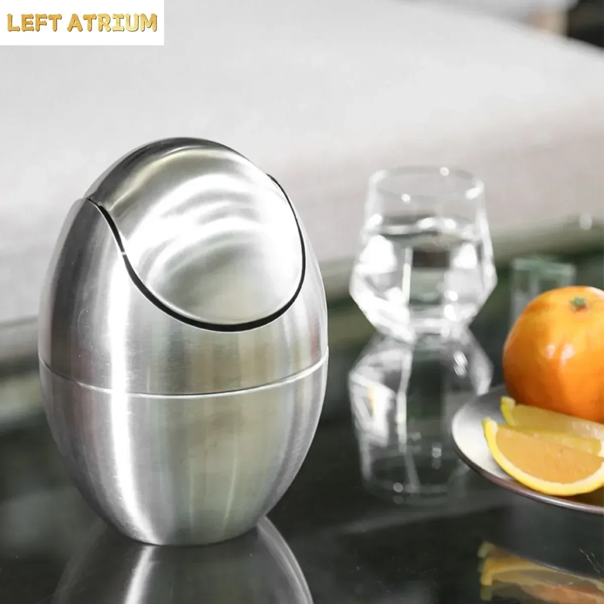 Wholesale Stainless Steel Household Trash Can with Lid Oval Shape Desktop Garbage Bin Luxury Paper Basket
