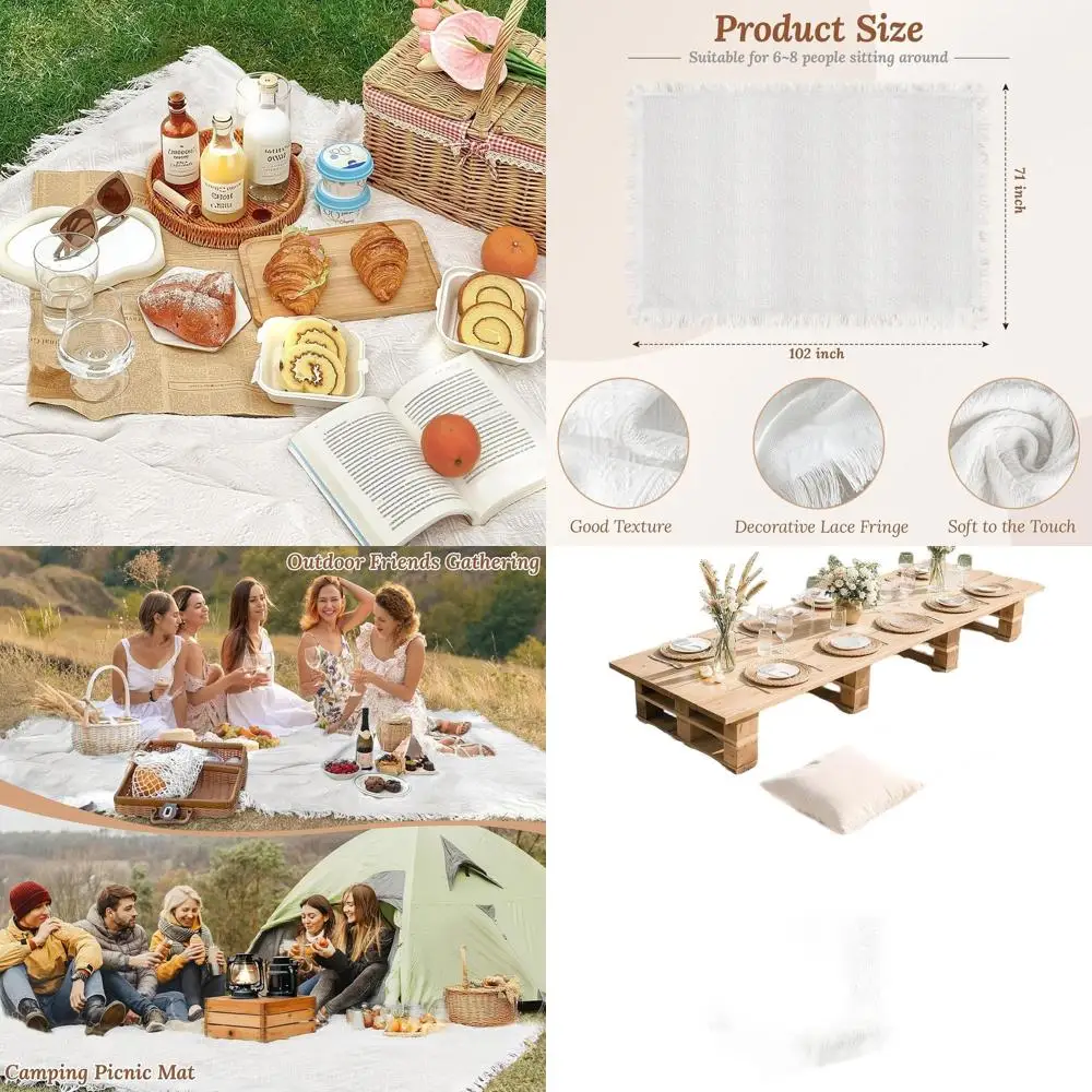 

Очень большое белое уличное одеяло для пикника 110 x 91 дюймов, из тканого хлопка с бахромой, портативное для кемпинга, газона, свадеб и использования в помещении