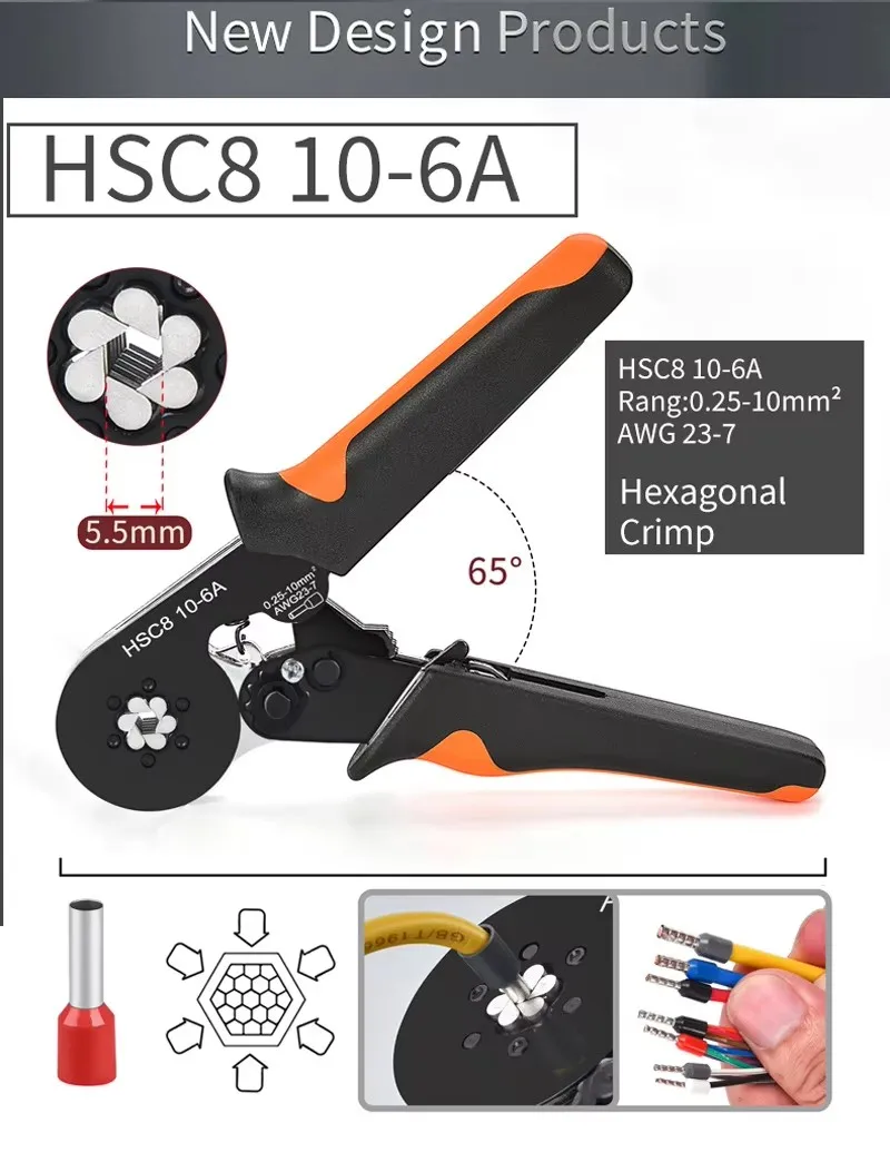 Haushalts-Elektro-Crimpset mit Rohrkabelschuhen, Drahtschneider und Crimper für Kabelschuhe HSC8 6-4 10-6 16-6 – Detail 3