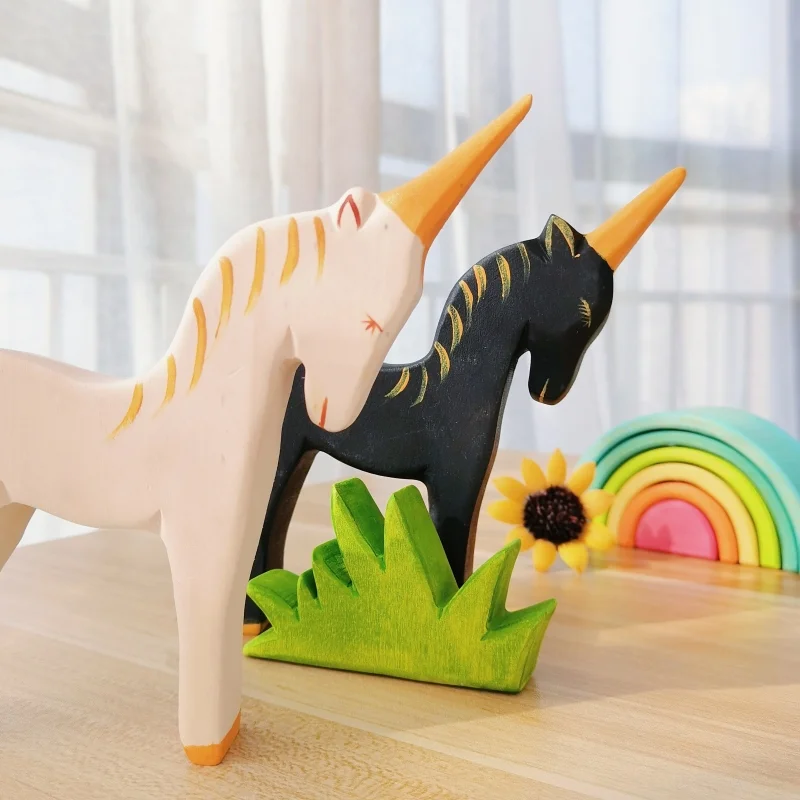 Giocattoli Montessori in legno di unicorno per bambini Handcarft grandi animali fatti a mano figura cognizione giocattoli educativi precoci per bambini