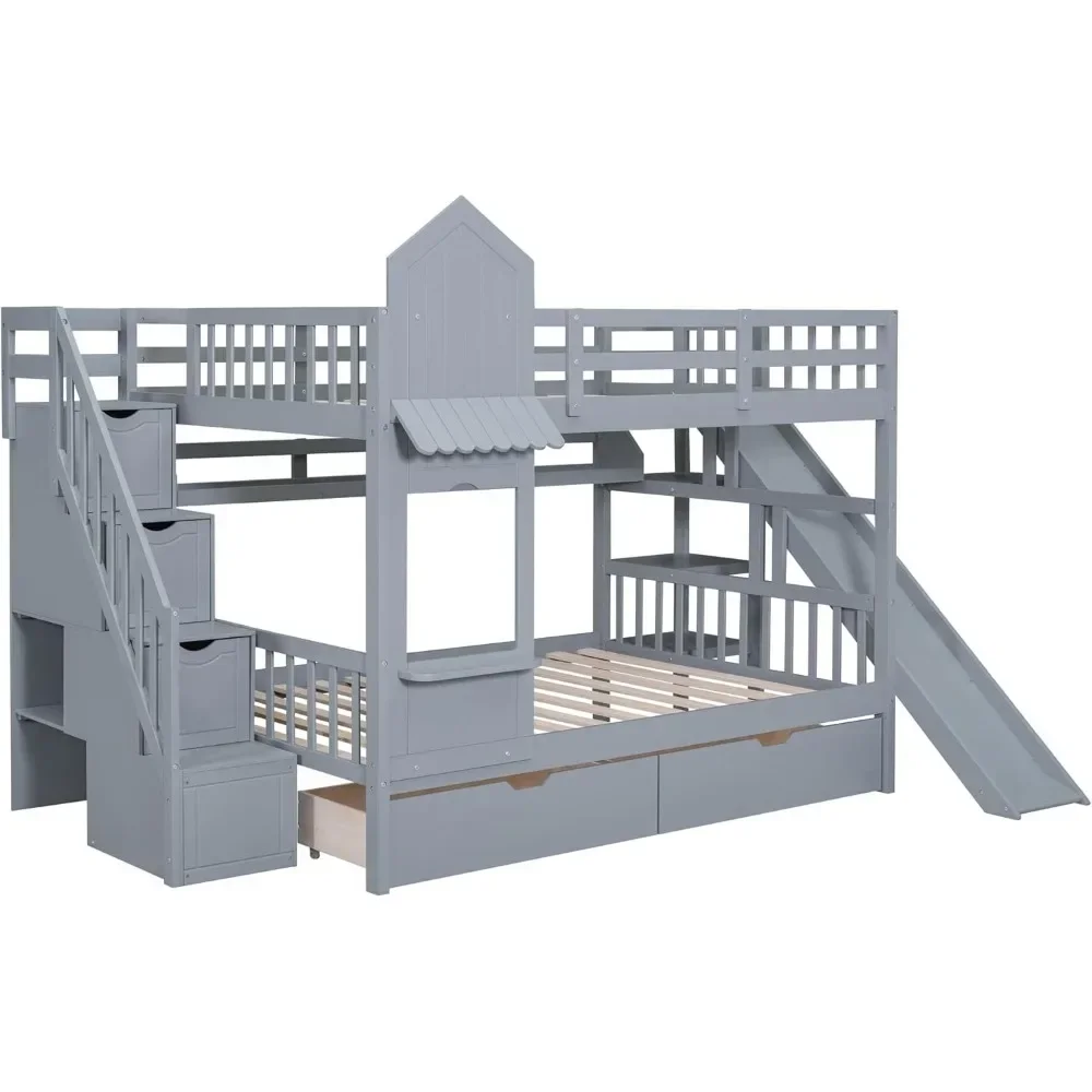 Castle Style Bunk Beds for Kids Teens Girls Boys,Wooden Full Over Full Bunk Bed with Storage, Kids Bunk Bed with Stairs & Slide