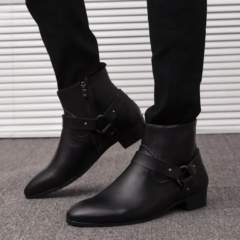 2022 New Ankle Boots Chelsea Boots PU Leather Men Boots Breathable Autumn Winter Fashion Pointed Toe Heels Dress Shoes Big Size