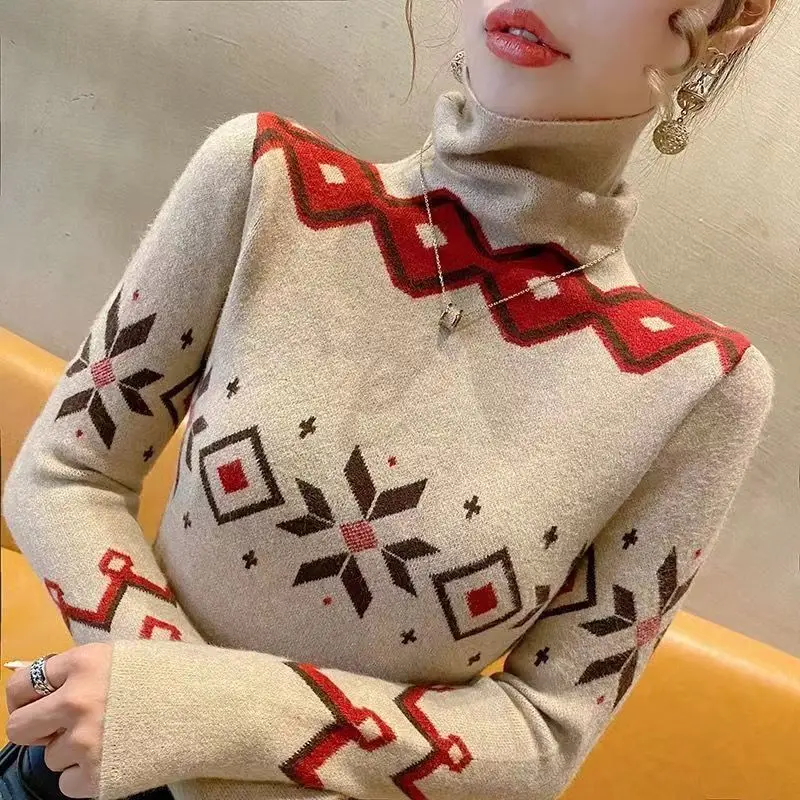 Donne coreano moda geometrica Jacquard collo alto maglioni lavorati a maglia di base autunno inverno elegante manica lunga Slim Pullover top