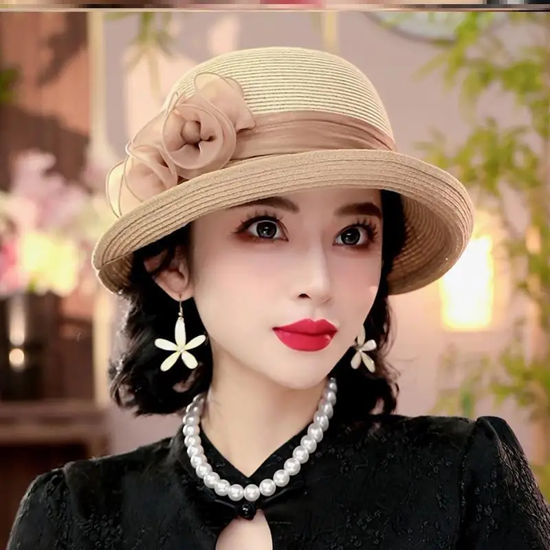 elegant-floral-sunshade-hat-women's-summer-flat-top-fashionable-anti-uv-travel-cap-retro-hepburn-style-polyester-fiber