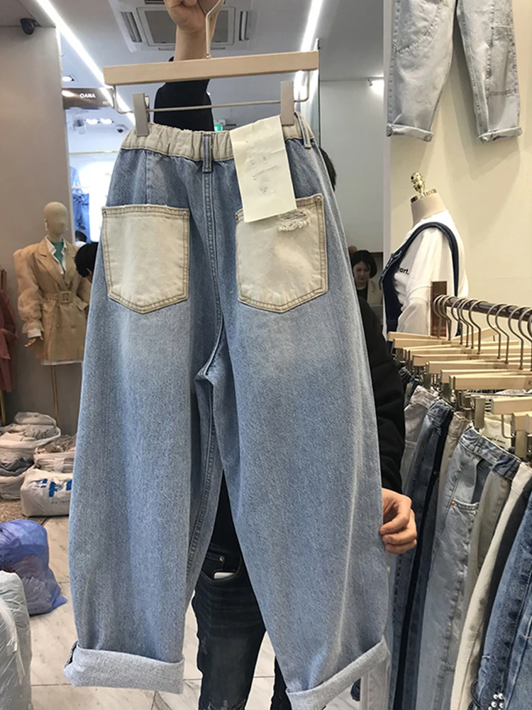 8874 nieuwe collectie noodlijdende trendy streetwear jeans voor dames lente hoge taille rits rechte casual losse blauwe denim broek