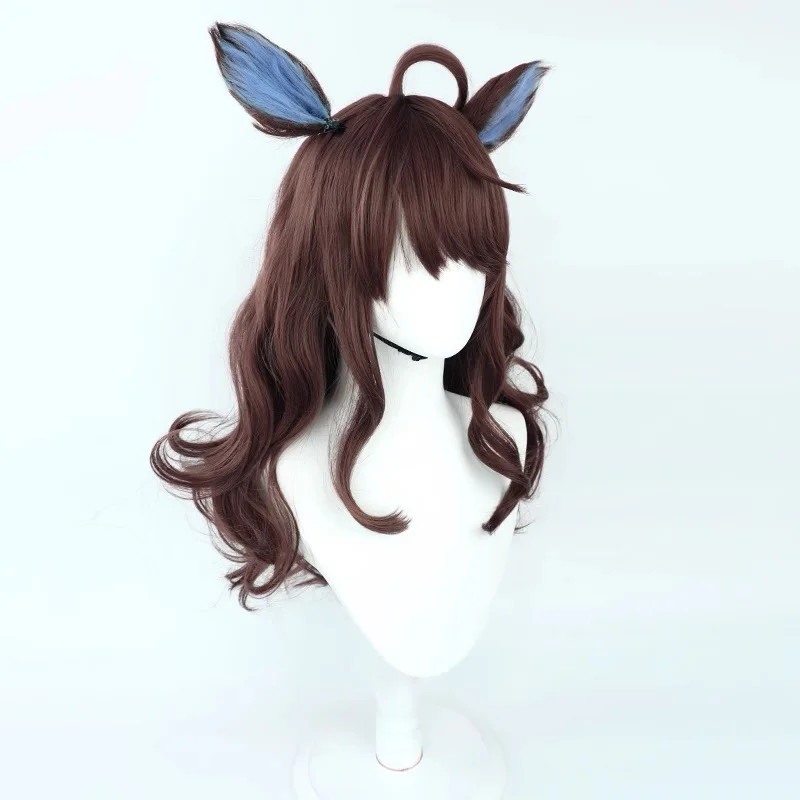 Uma-musume Pretty Derby Daring Tact Cosplay peluca marrón oscuro peluca sintética y cola de orejas mujeres fiesta de Halloween accesorios de Carnaval
