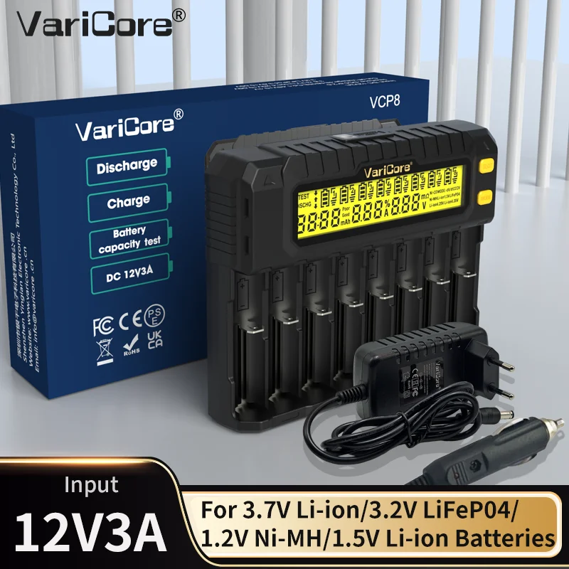 

VariCore VCP8 VCR4 8-Slot LCD Smart Charger Capacity Tester, suitable for 3.7V Li-ion, 1.2V NiMH, and 3.2V LiFePO4 batteries