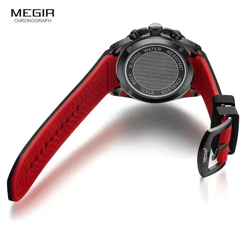 MEGIR Men's Fashion Sports Quartz Watches Luminous Silicone Strap Chronograph Analogue Wrist Watch for Man Black Red 2055G-BK-1