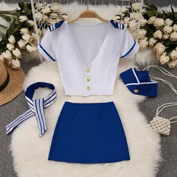 Lingerie Female Sexy Sailor Officer Flight Cosplay Uniform Role-playing Short Suits 4 Pieces V-neck Crop Top Blue Hip Wrap Skirt