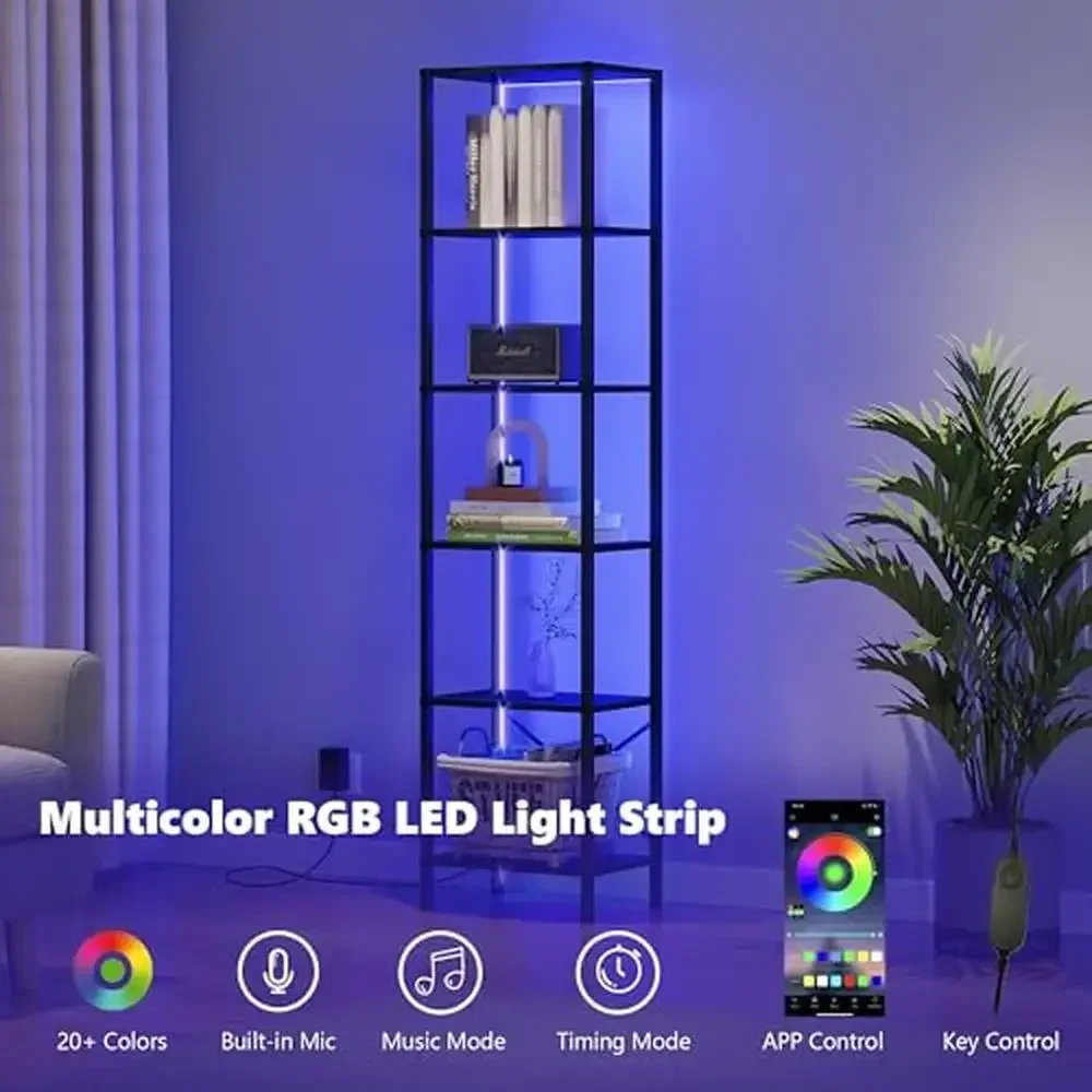 رف كتب LED مكون من 6 طبقات مع إطار فولاذي ورف تخزين للمنزل وخزانة كتب ضيقة وطويلة 20 لونًا و22 وضعًا بمظهر صناعي