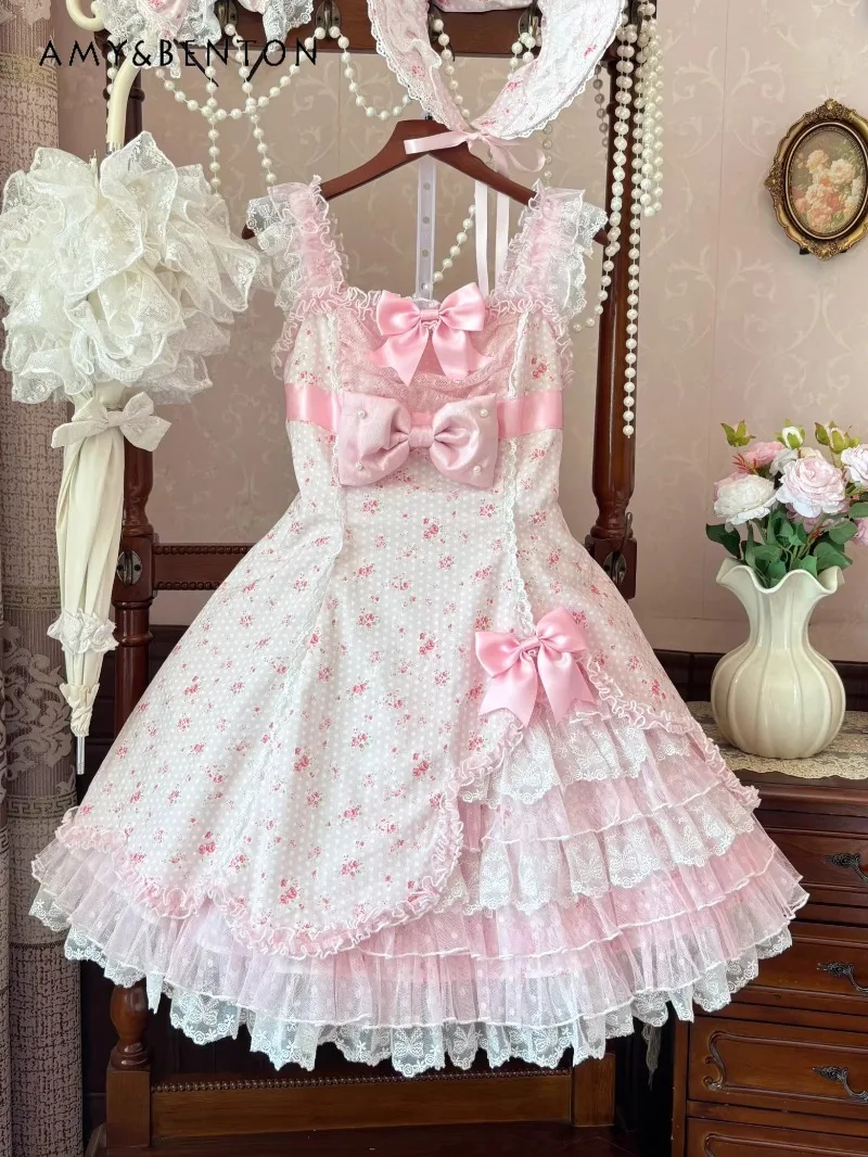 ชุดเดรสสไตล์โลลิต้าลายดอกไม้หวานๆ แบบ JSK สำหรับผู้หญิง ชุดเดรสเจ้าหญิงน่ารักสำหรับงานวันเกิด พร้อมโบว์น่ารัก ทรงเข้ารูป ผ้าตาข่ายพองๆ