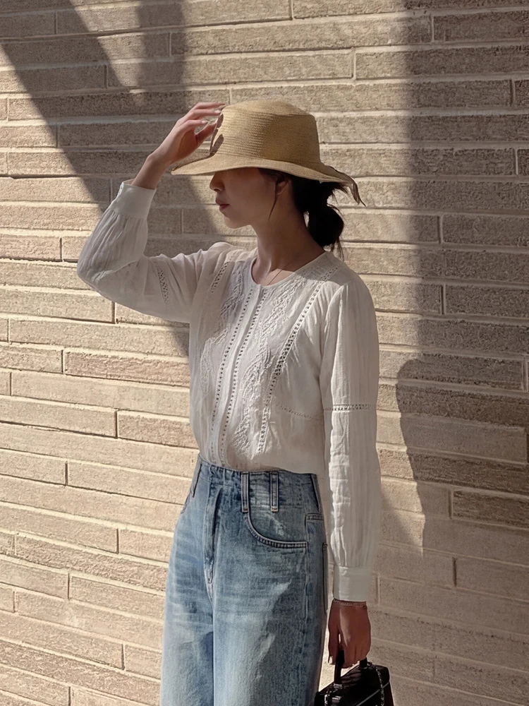 

Элегантная женская рубашка с вышивкой и воротником-стойкой, с длинными рукавами, приталенного кроя, для повседневной носки, модный универсальный топ