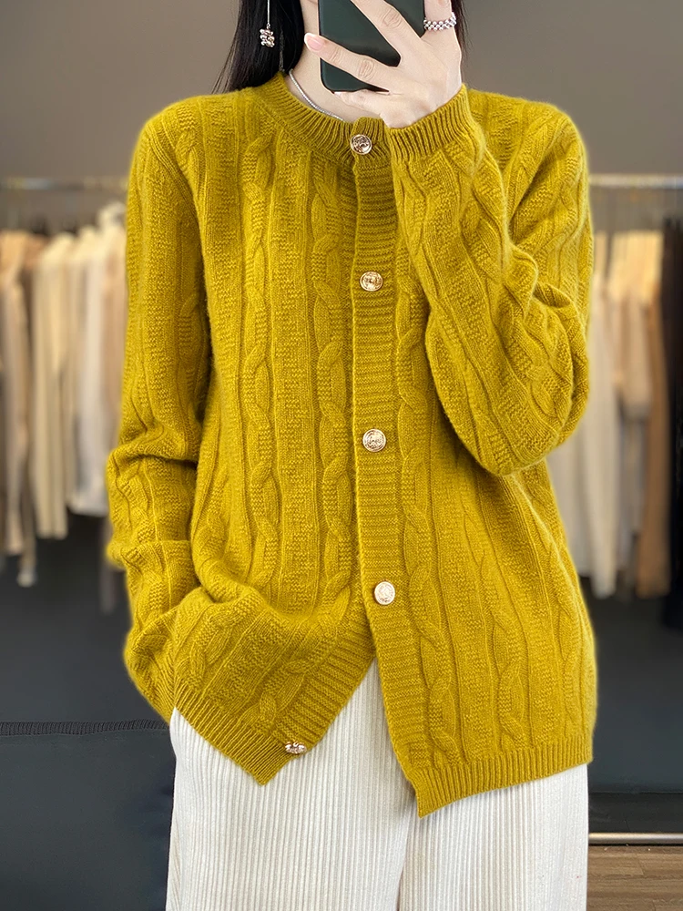 New Chic Twist Flower Women Sweater Long Sleeve O-neck Cardigan 100% Merino Wool Soft Warm Cashmere Knitwear Korean Fashion Tops