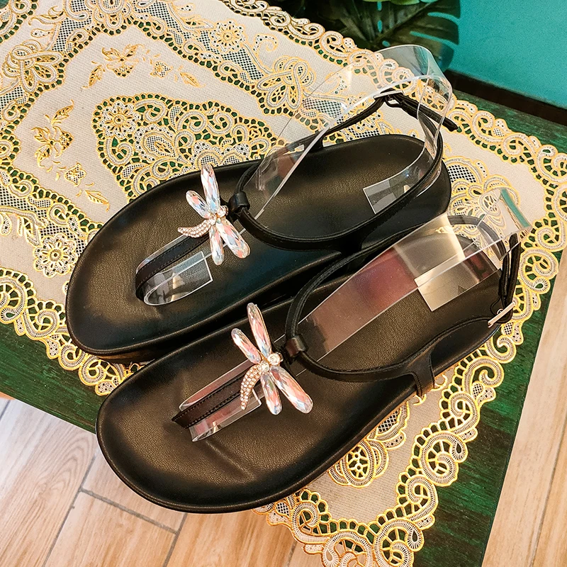 

Women's platform black flat sandals Fashion metal buckle toe flat sandals 2024 summer women's beach casual flip-flops