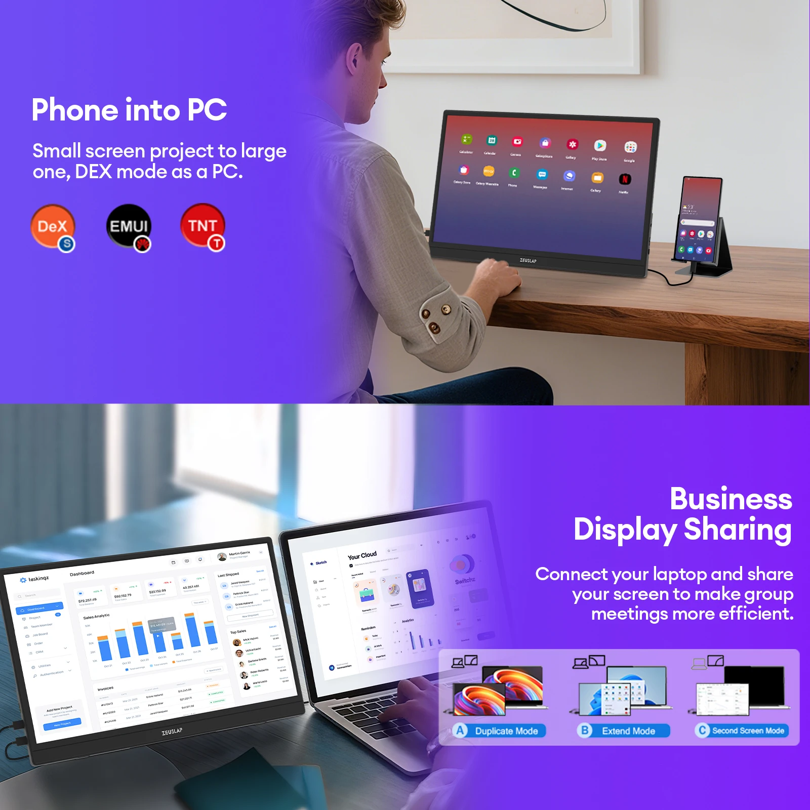 [제우스랩] ZEUSLAP 15.6" FHD 1920x1080P IPS 패널 USB-C HDMI 소스 휴대용 모니터(휴대폰, 노트북, PC, Nintendo Switch 두 번째 디스플레이용) 썸네일 4