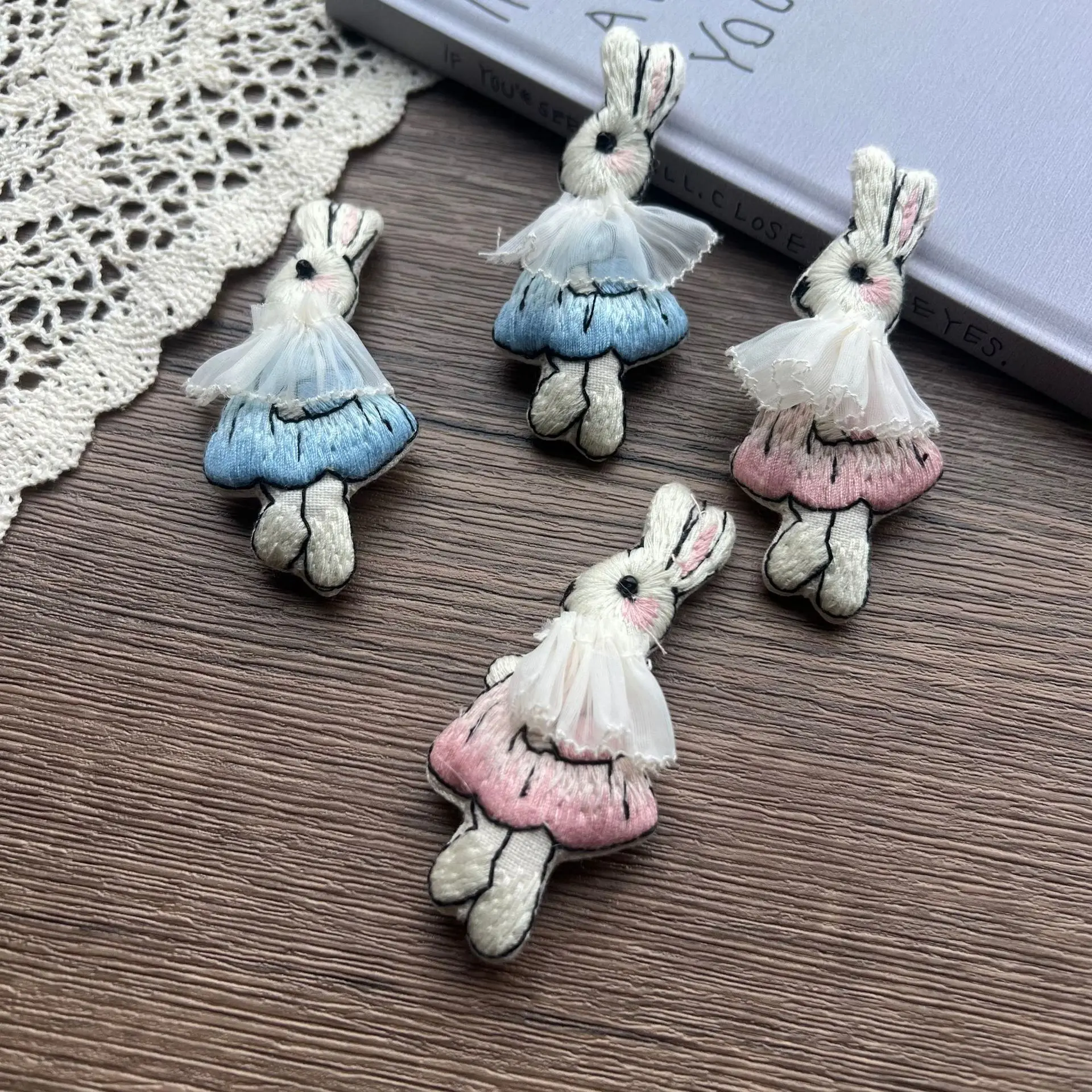 

Embroidered Lace Rabbit Pink Blue DIY Clothing Accessory for Bag Hair Clip Sewing Embellishment Premium Soft Handmade