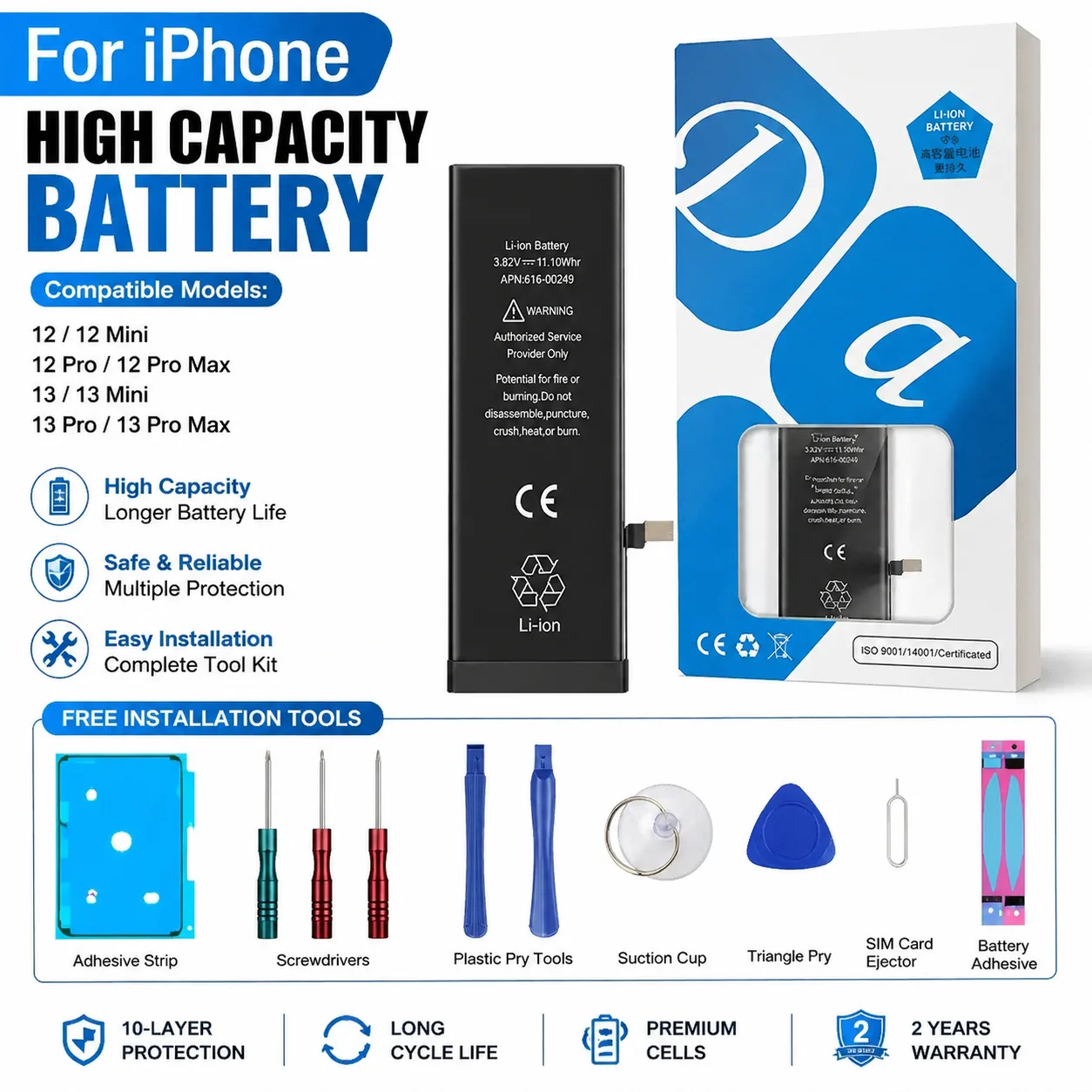 

High Capacity 0 Cycle Phone Battery For iPhone 12 Mini 13 Mini 12 Pro 13 Pro Max, Original Sealed Battery With Free Repair Tools