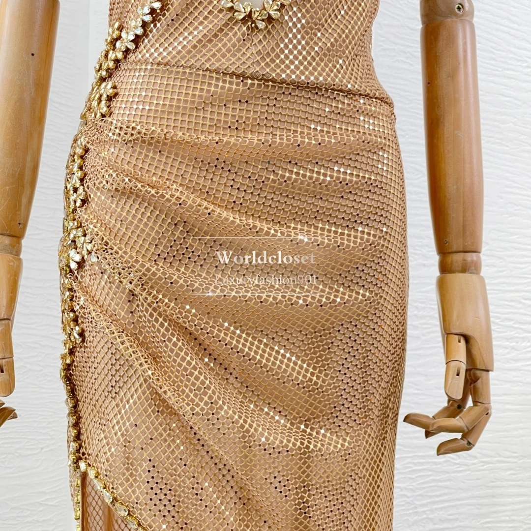 

Woman Clothing Brown Sleeveless Diamonds Mesh Yarn Slit Hem Maxi Dress